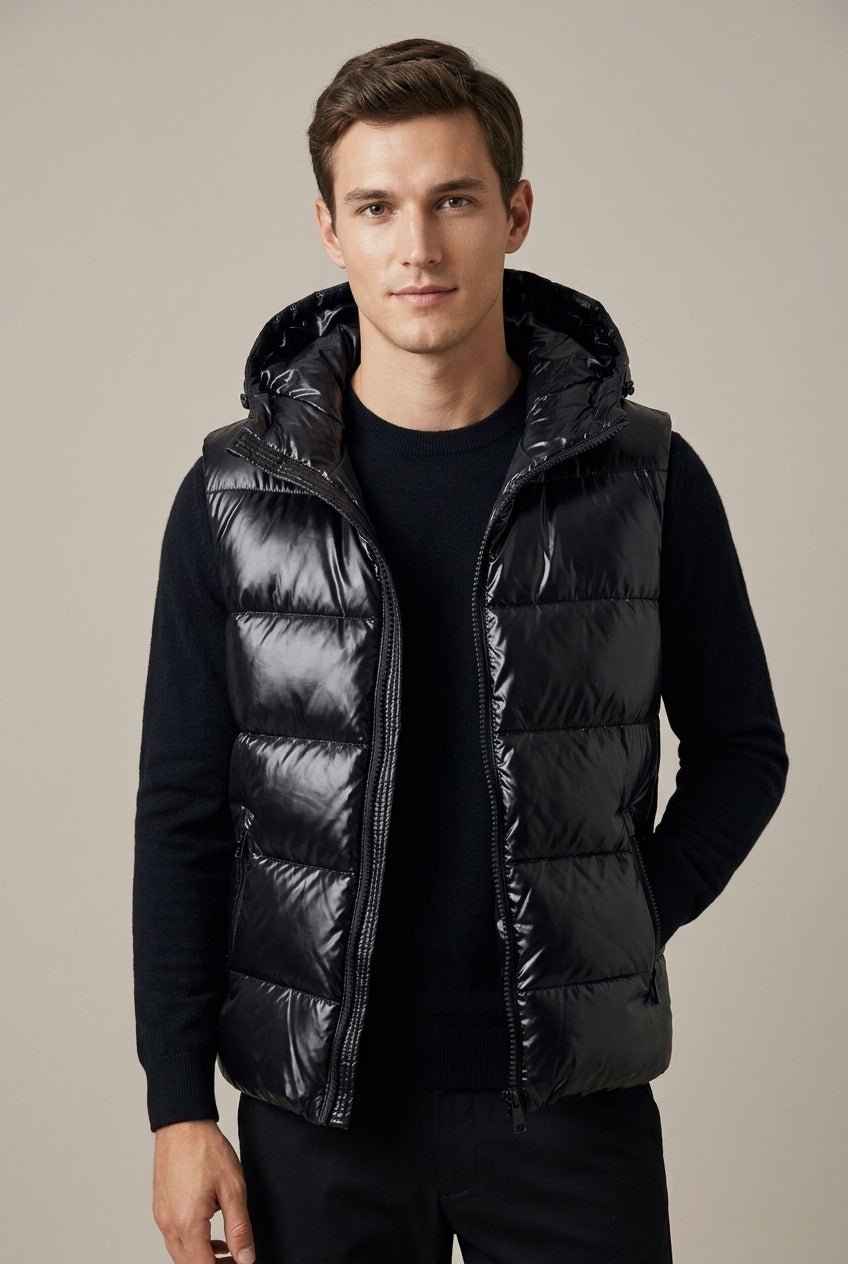 Men Cardigan | Hooded Quilted Vest with Zip Front Closure - Evergreen Outfits- Cardigans