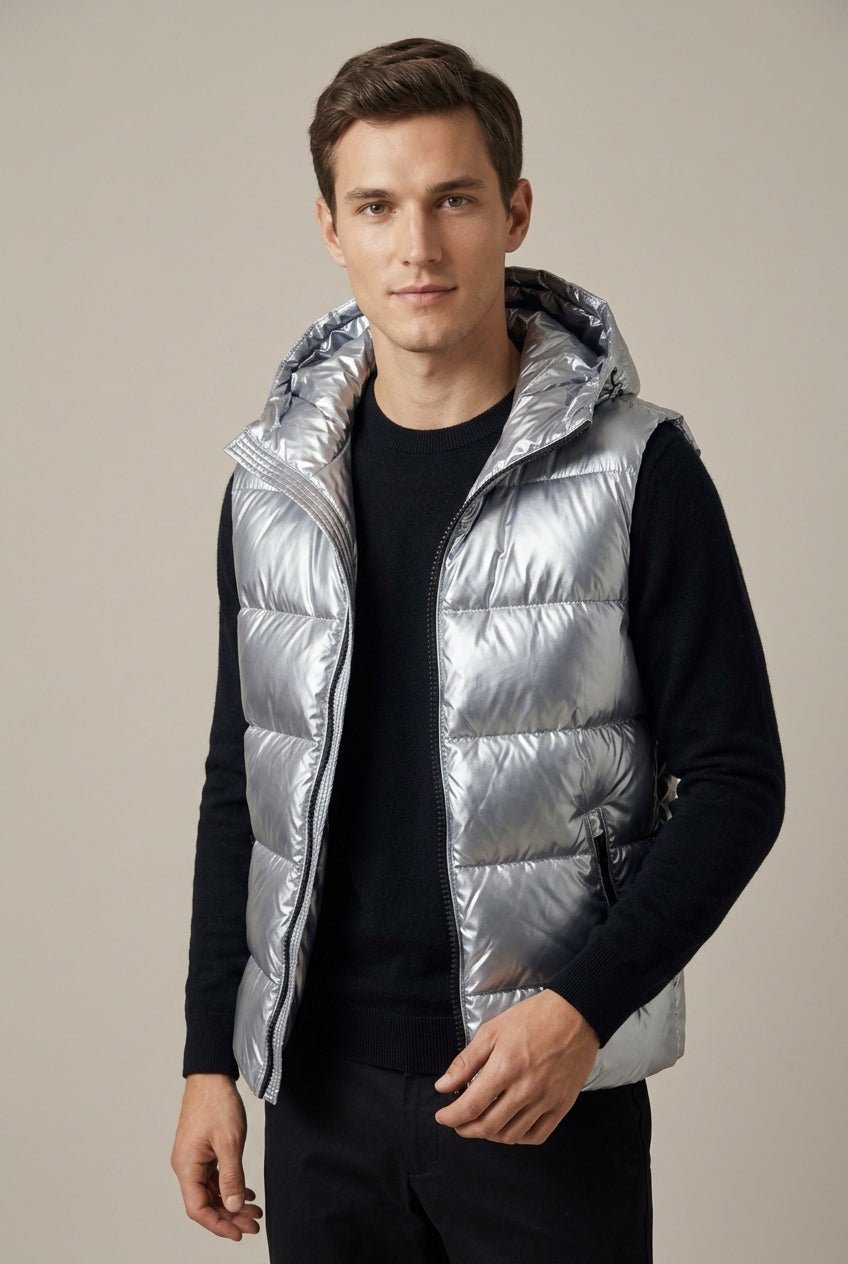 Men Cardigan | Hooded Quilted Vest with Zip Front Closure - Evergreen Outfits- Cardigans