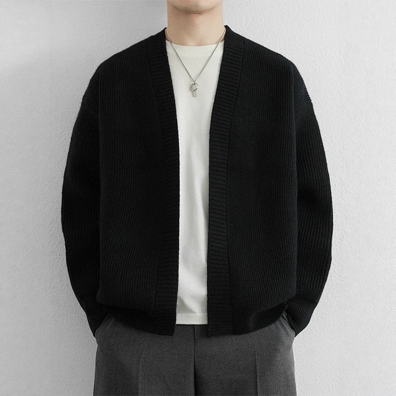 Men Cardigan | Open Front Ribbed Knit Dropped Shoulder Fit - Evergreen Outfits- Cardigans