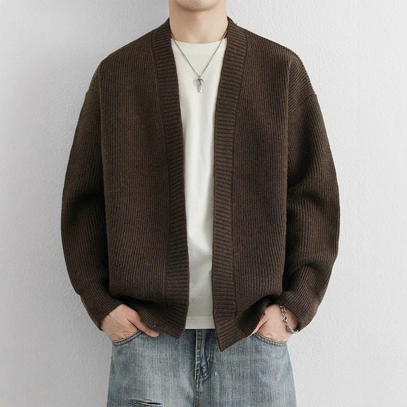 Men Cardigan | Open Front Ribbed Knit Dropped Shoulder Fit - Evergreen Outfits- Cardigans
