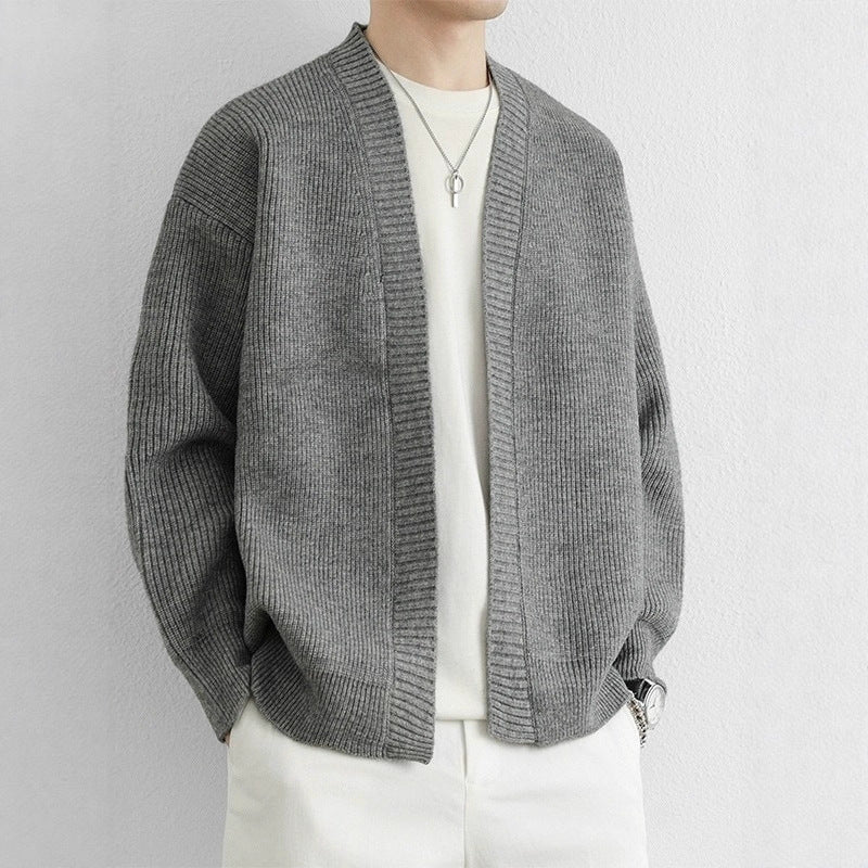 Men Cardigan | Open Front Ribbed Knit Dropped Shoulder Fit - Evergreen Outfits- Cardigans