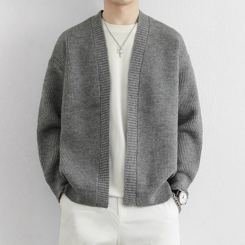 Men Cardigan | Open Front Ribbed Knit Dropped Shoulder Fit - Evergreen Outfits- Cardigans
