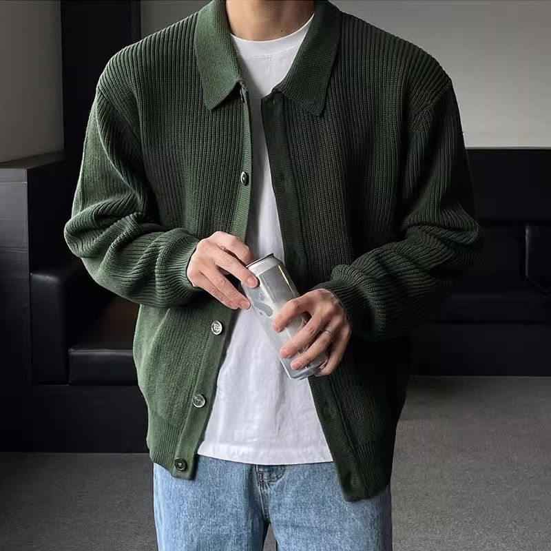 Men Cardigan | Ribbed Knit with Collared Button-Front - Evergreen Outfits- Cardigans