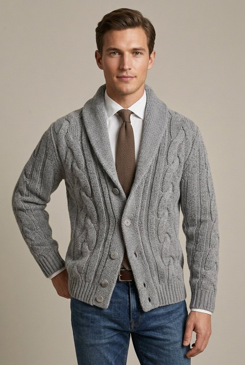 Men Cardigan | Shawl Collar Cable Knit Button-Front Regular Fit - Evergreen Outfits- Cardigans