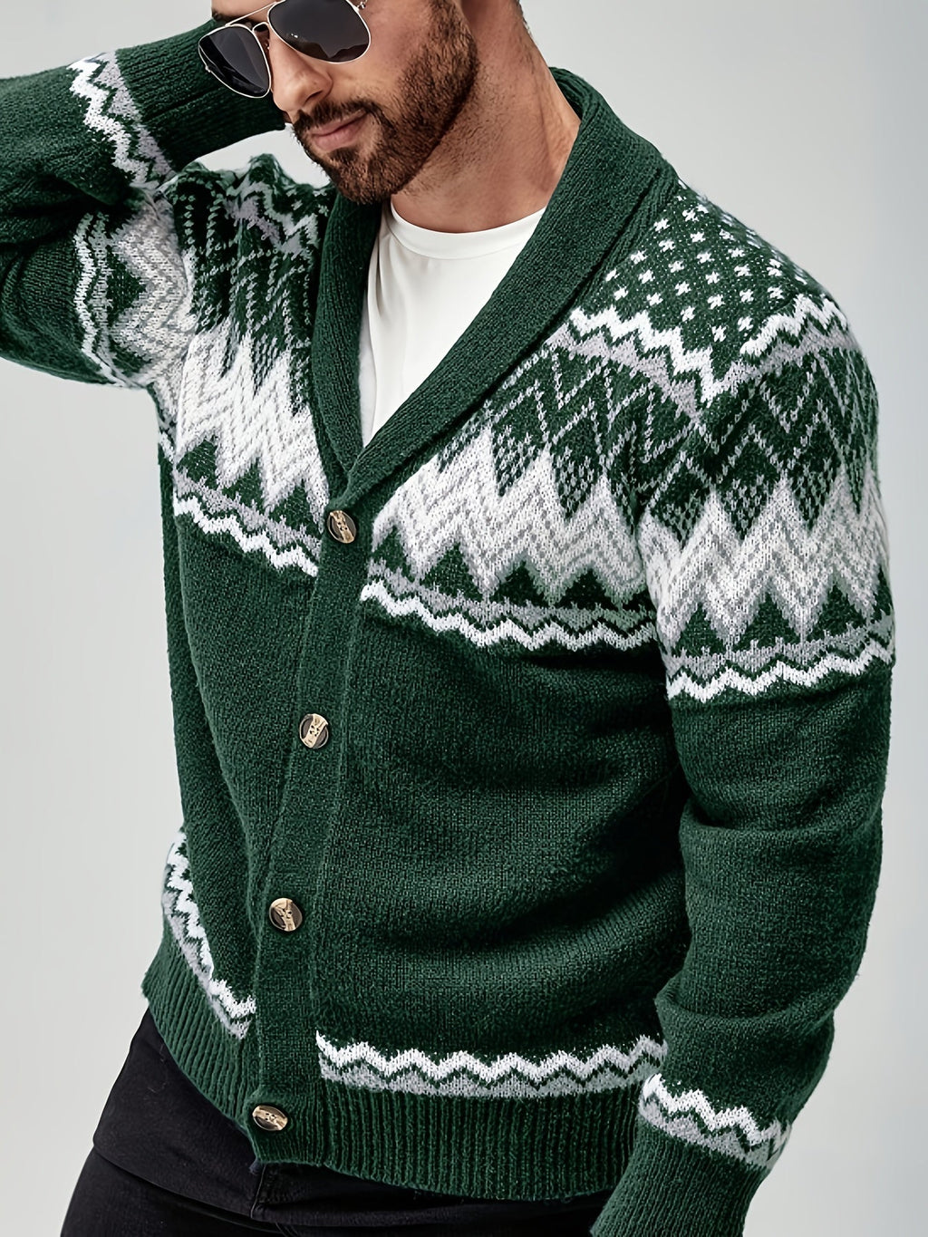 Men Cardigan | Shawl Collar Fair Isle Pattern Button Front - Evergreen Outfits- Cardigans