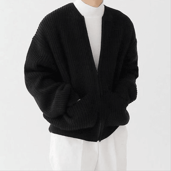 Men Cardigan | Zip-Up Crew Neck Ribbed Knit with Pockets - Evergreen Outfits- Cardigans
