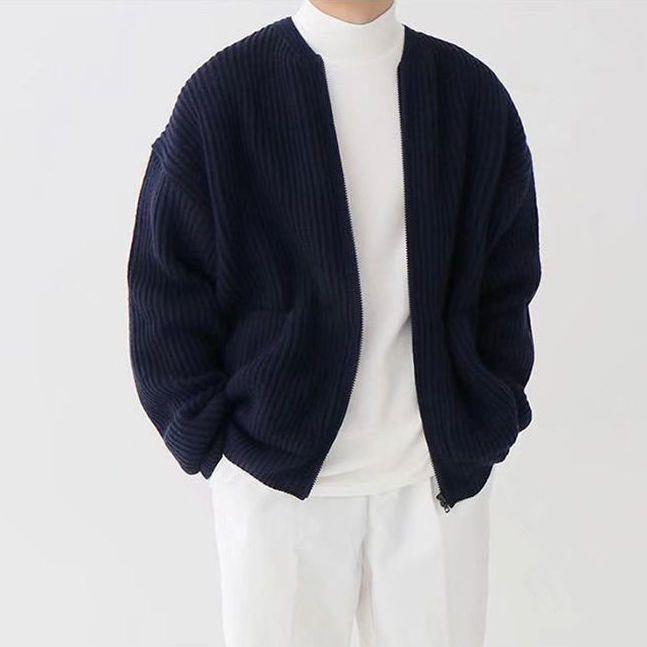 Men Cardigan | Zip-Up Crew Neck Ribbed Knit with Pockets - Evergreen Outfits- Cardigans