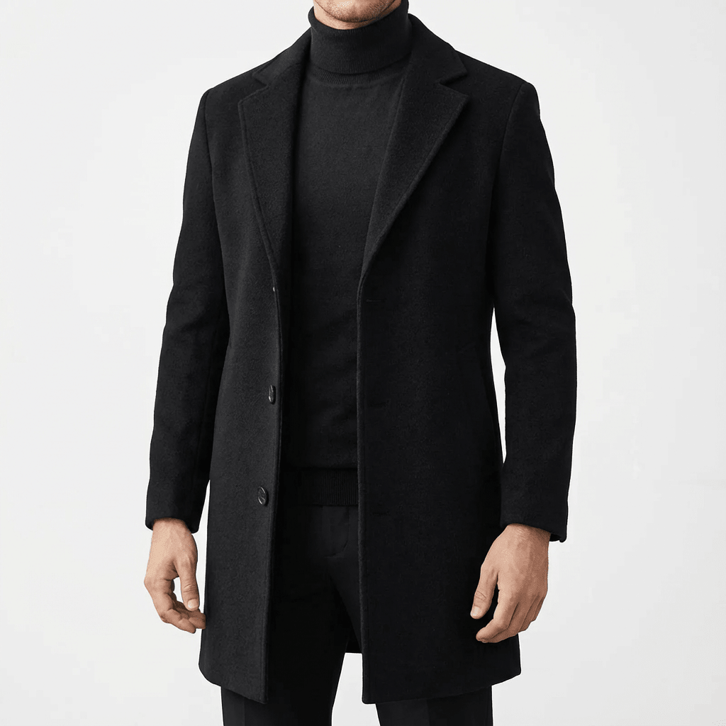 Men Coat | Slim Fit Mid-Thigh Length Three-Button Front - Evergreen Outfits- Coats