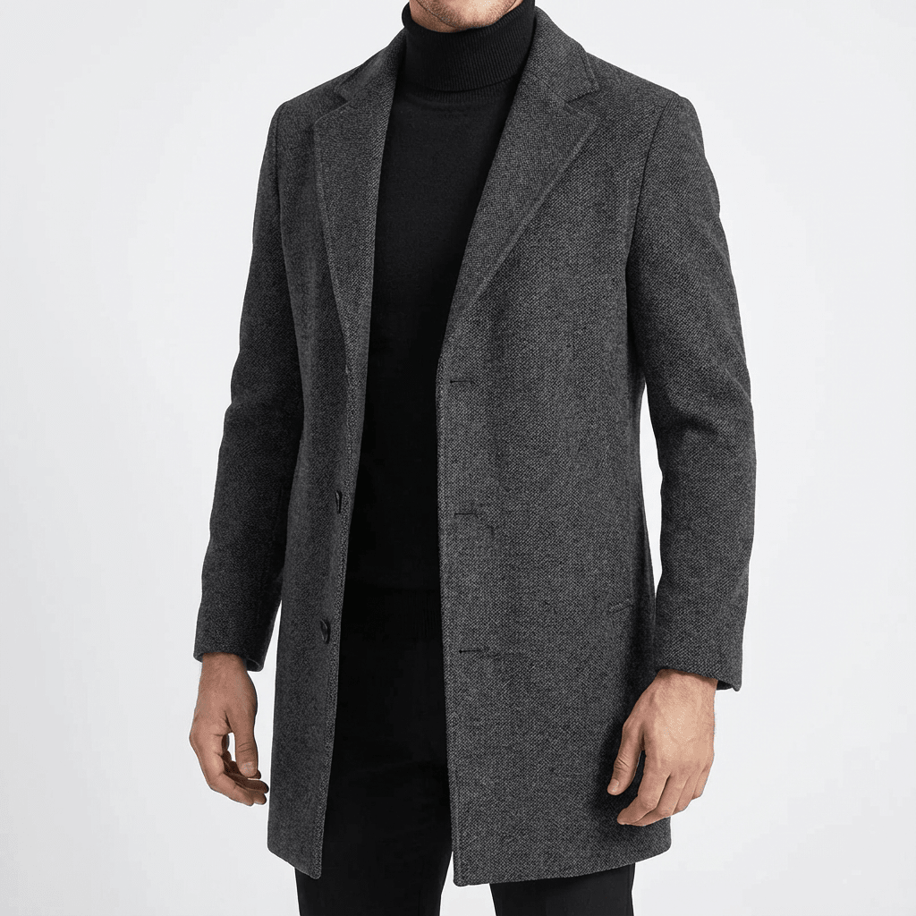 Men Coat | Slim Fit Mid-Thigh Length Three-Button Front - Evergreen Outfits- Coats