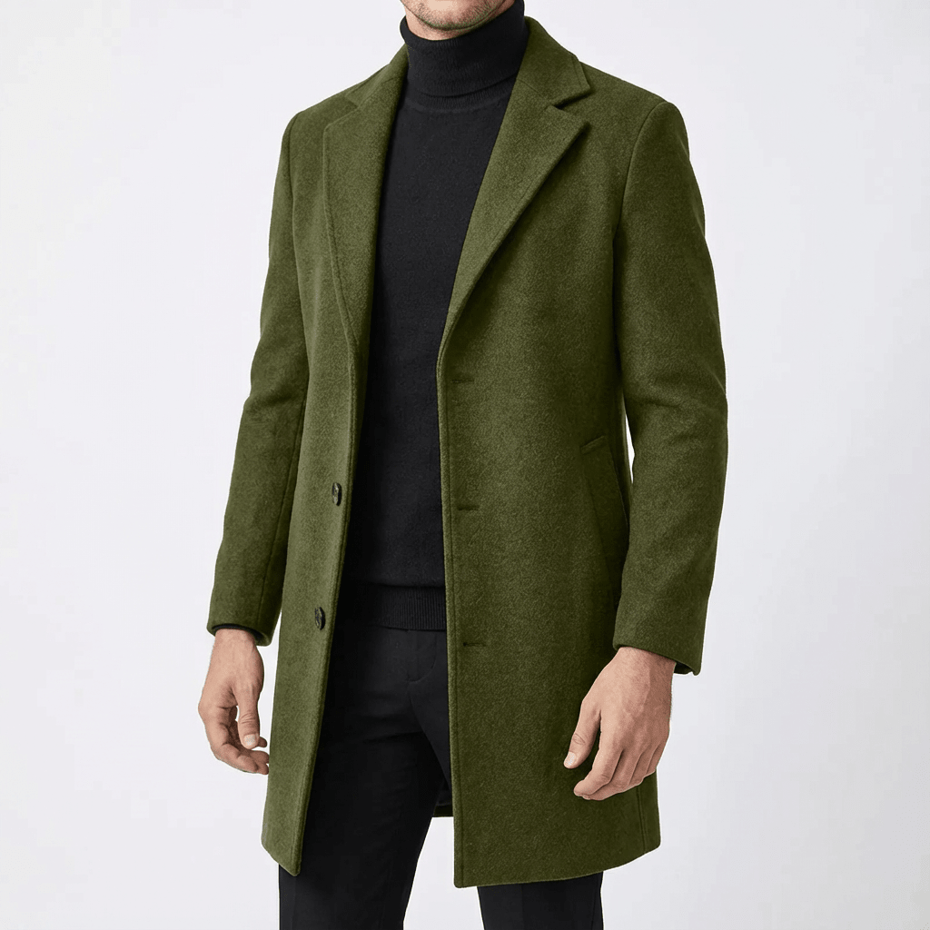 Men Coat | Slim Fit Mid-Thigh Length Three-Button Front - Evergreen Outfits- Coats