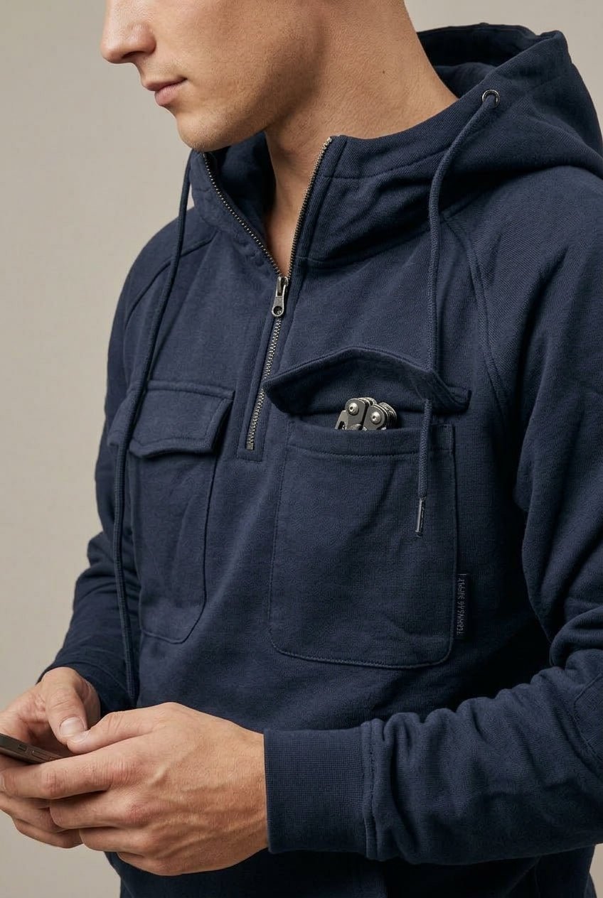 Men Hoodie | Half-Zip Front with Dual Cargo Pockets - Evergreen Outfits- Sweaters