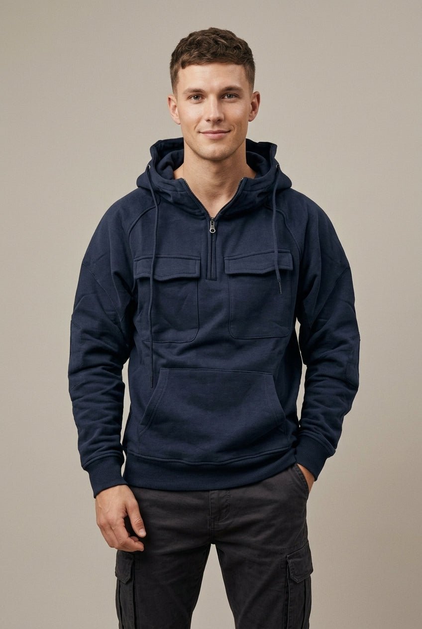 Men Hoodie | Half-Zip Front with Dual Cargo Pockets - Evergreen Outfits- Sweaters