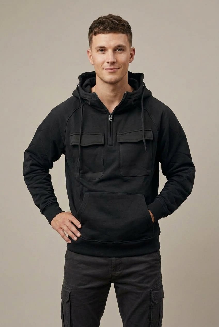 Men Hoodie | Half-Zip Front with Dual Cargo Pockets - Evergreen Outfits- Sweaters
