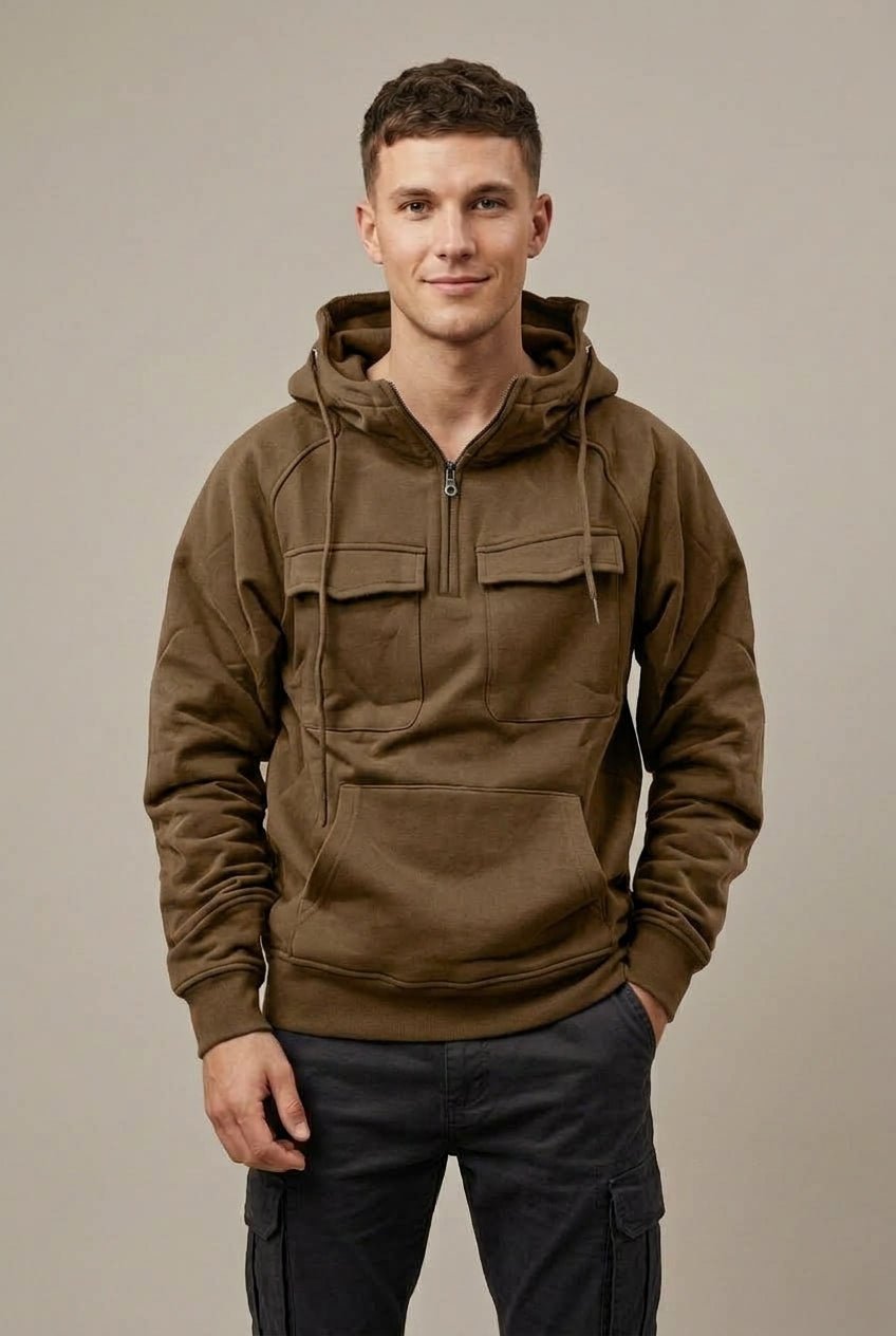 Men Hoodie | Half-Zip Front with Dual Cargo Pockets - Evergreen Outfits- Sweaters
