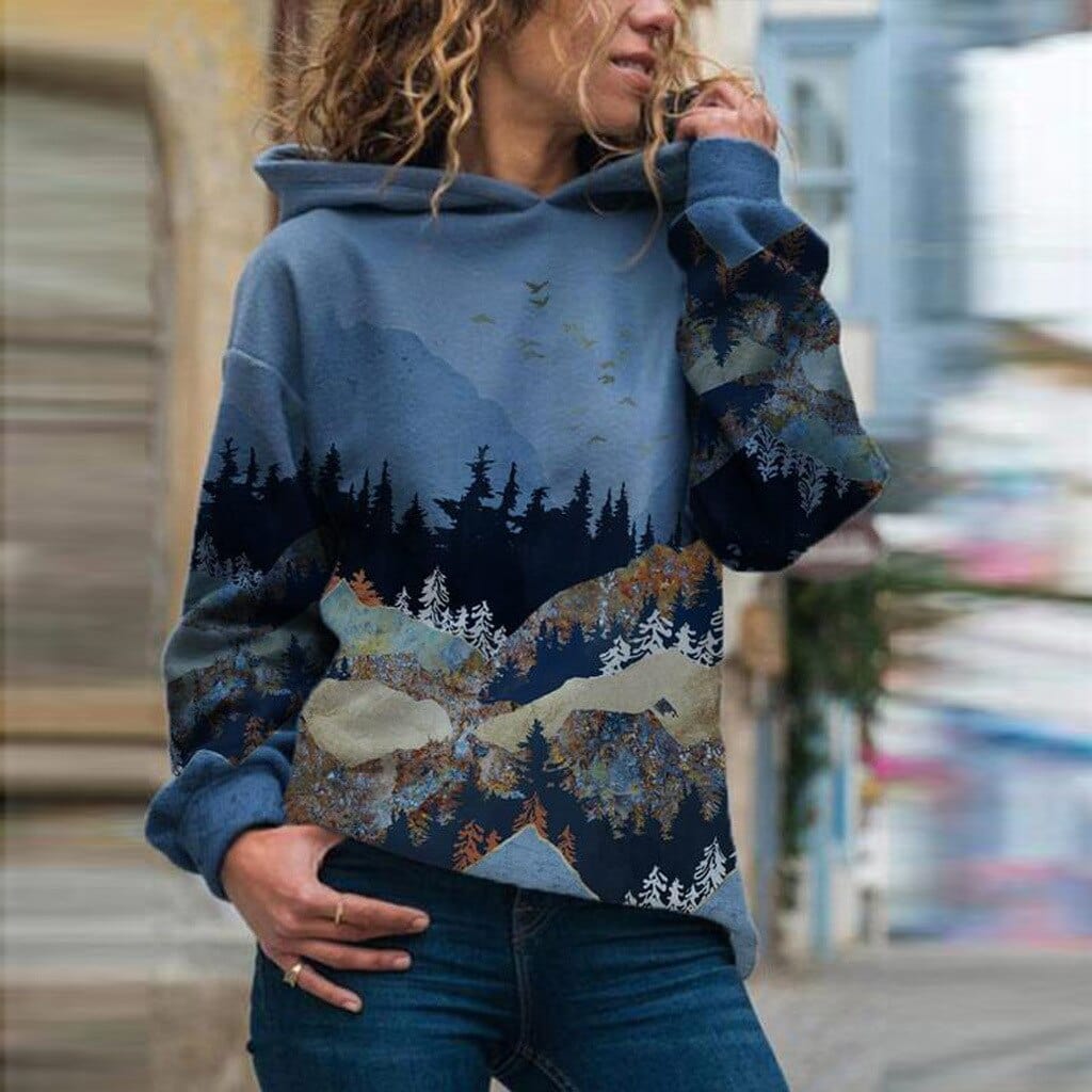 Men Hoodie | Relaxed Fit with Mountain Landscape Print - Evergreen Outfits- Sweaters