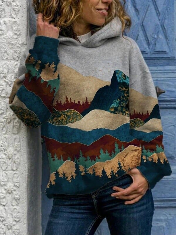 Men Hoodie | Relaxed Fit with Mountain Landscape Print - Evergreen Outfits- Sweaters