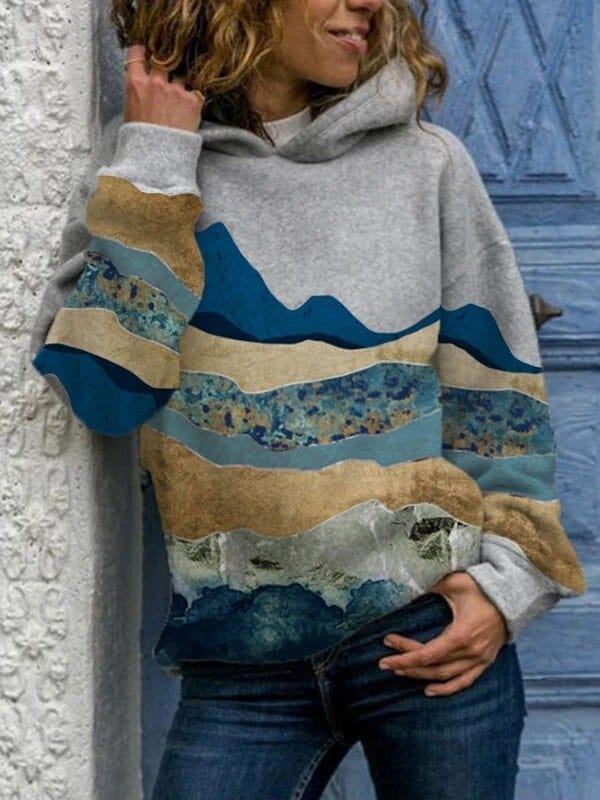 Men Hoodie | Relaxed Fit with Mountain Landscape Print - Evergreen Outfits- Sweaters