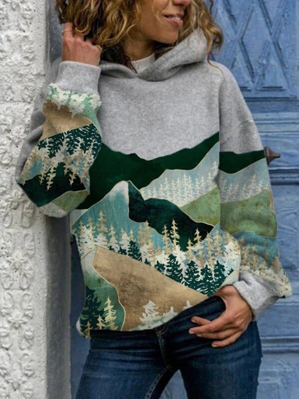 Men Hoodie | Relaxed Fit with Mountain Landscape Print - Evergreen Outfits- Sweaters
