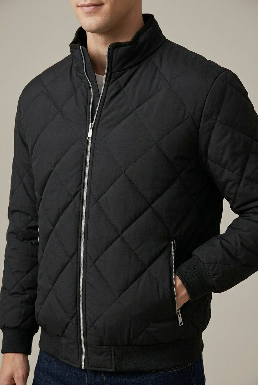 Men Jacket | Diamond Quilted Stand Collar with Front Zip - Evergreen Outfits- Jackets