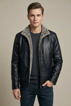 Men Jacket | Faux Leather Biker with Fleece-Lined Interior - Evergreen Outfits- Jackets