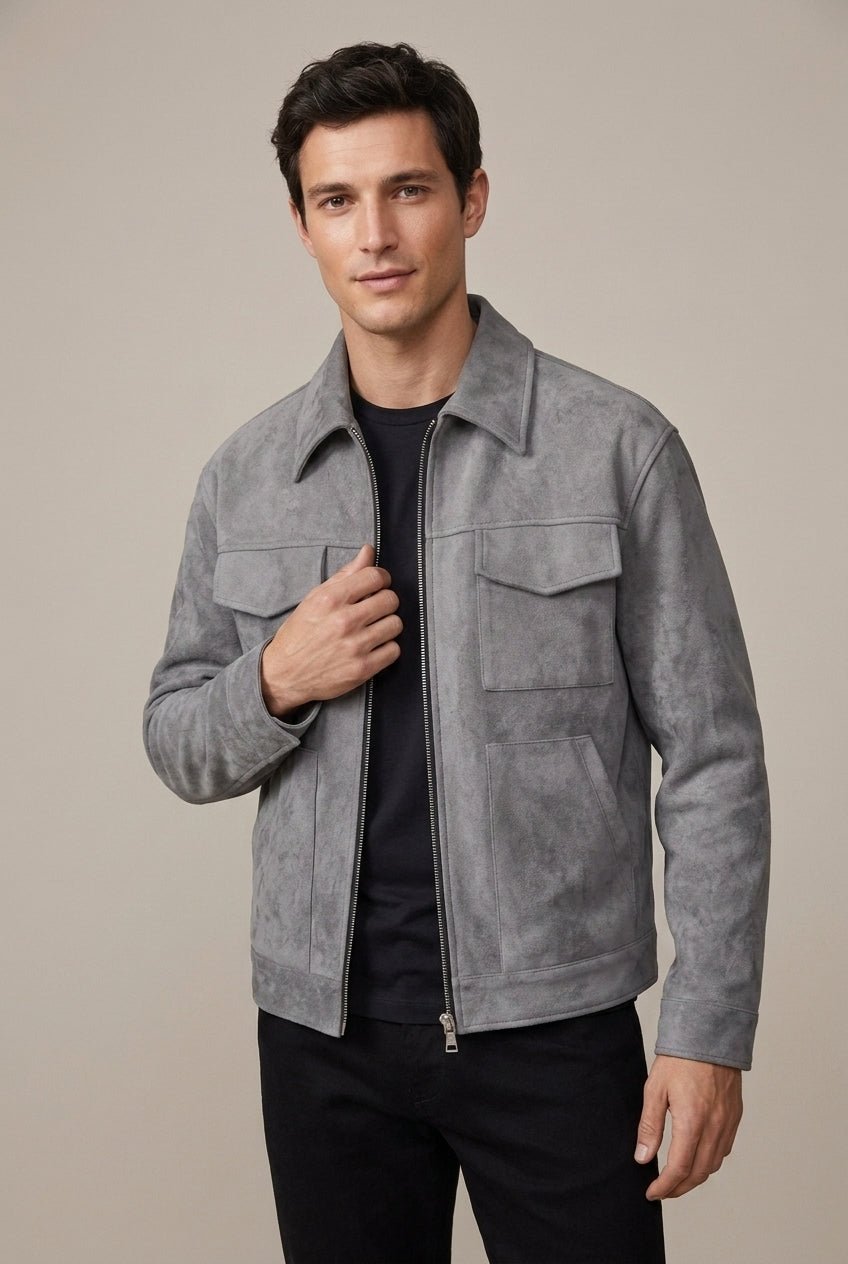 Men Jacket | Full-Zip Closure with Point Collar Regular Fit - Evergreen Outfits- Jackets