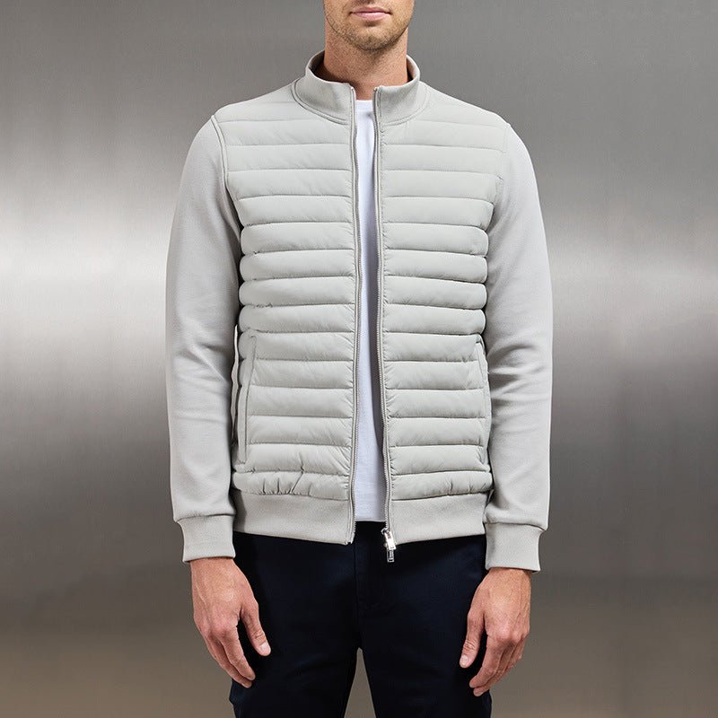 Men Jacket | Quilted Panel Front with Stand Collar Zip - Evergreen Outfits- Jackets