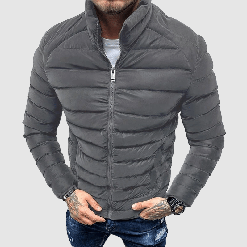Men Jacket | Quilted Shell with Front Zip and Stand Collar - Evergreen Outfits- Jackets