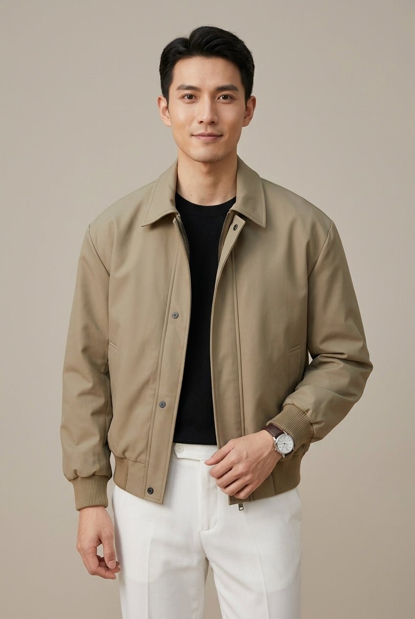 Men Jacket | Slim Fit Zip Front with Ribbed Cuffs - Evergreen Outfits- Jackets