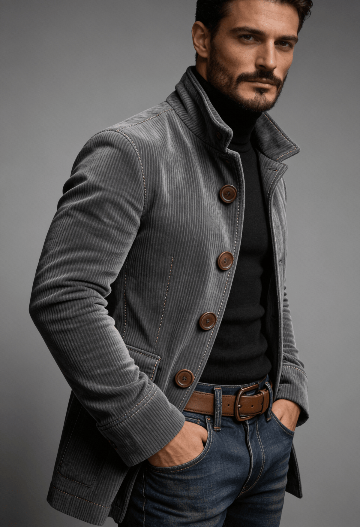 Men Jacket | Stand Collar Bomber with Ribbed Corduroy Texture - Evergreen Outfits- Jackets