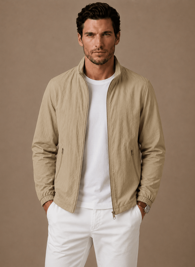 Men Jacket | Stand Collar Full-Zip with Mesh Lining - Evergreen Outfits- Jackets