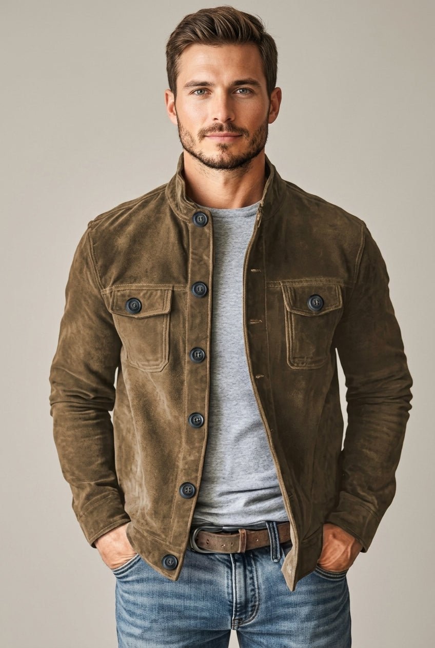 Men Jacket | Stand Collar with Button Front Tailored Fit - Evergreen Outfits- Jackets
