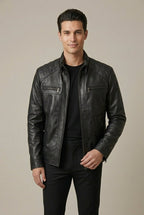 Men Jacket | Stand Collar Zip-Up with Quilted Shoulders - Evergreen Outfits- Jackets