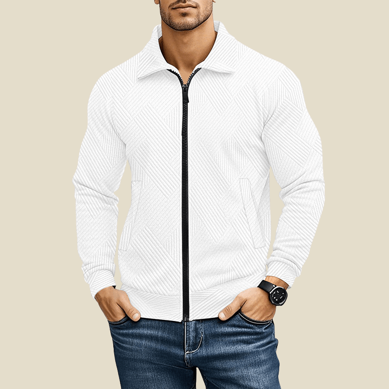 Men Jacket | Textured Zip-Up with Point Collar and Pockets - Evergreen Outfits- Jackets