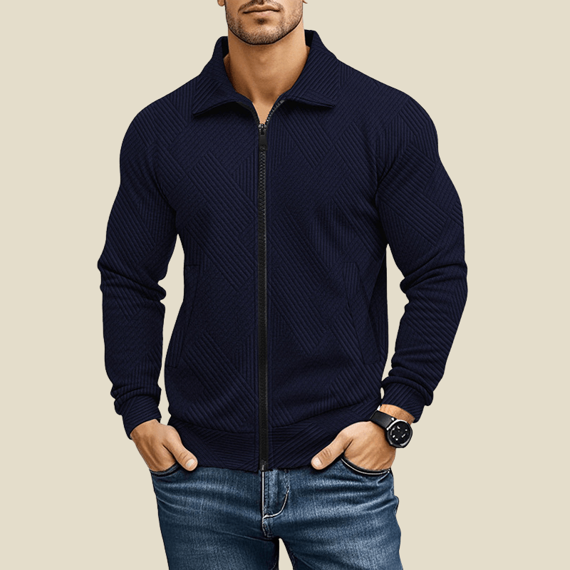 Men Jacket | Textured Zip-Up with Point Collar and Pockets - Evergreen Outfits- Jackets