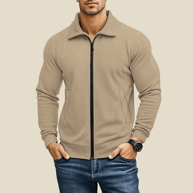 Men Jacket | Textured Zip-Up with Point Collar and Pockets - Evergreen Outfits- Jackets