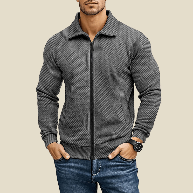 Men Jacket | Textured Zip-Up with Point Collar and Pockets - Evergreen Outfits- Jackets