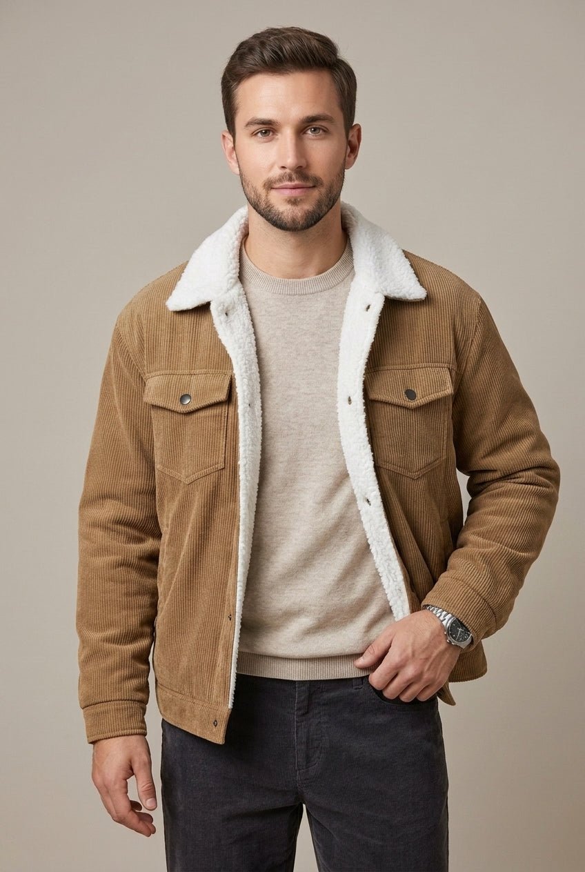 Men Jacket | Trucker Style with Sherpa Fleece Lining - Evergreen Outfits- Jackets