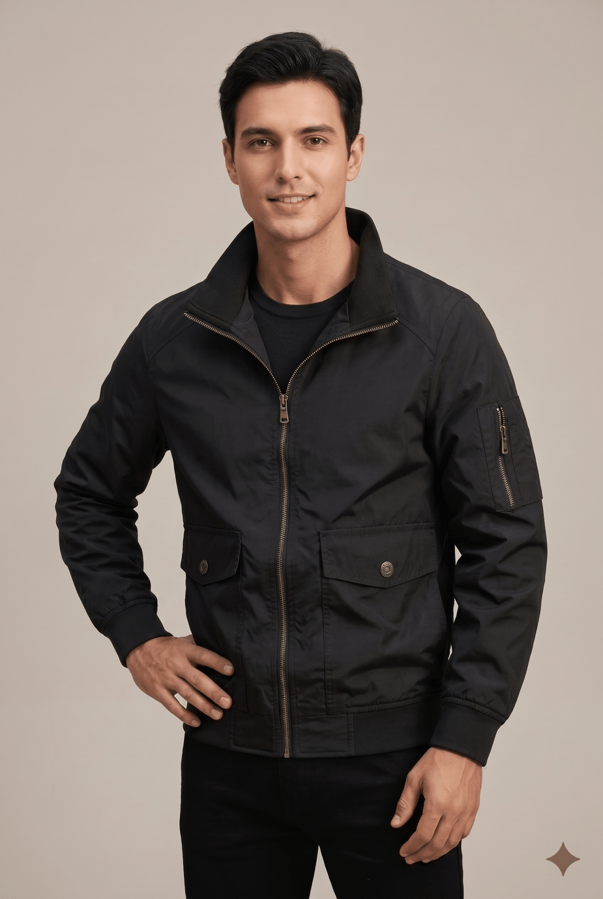 Men Jacket | Zip-Up Bomber with Stand Collar Flap Pockets - Evergreen Outfits- Jackets