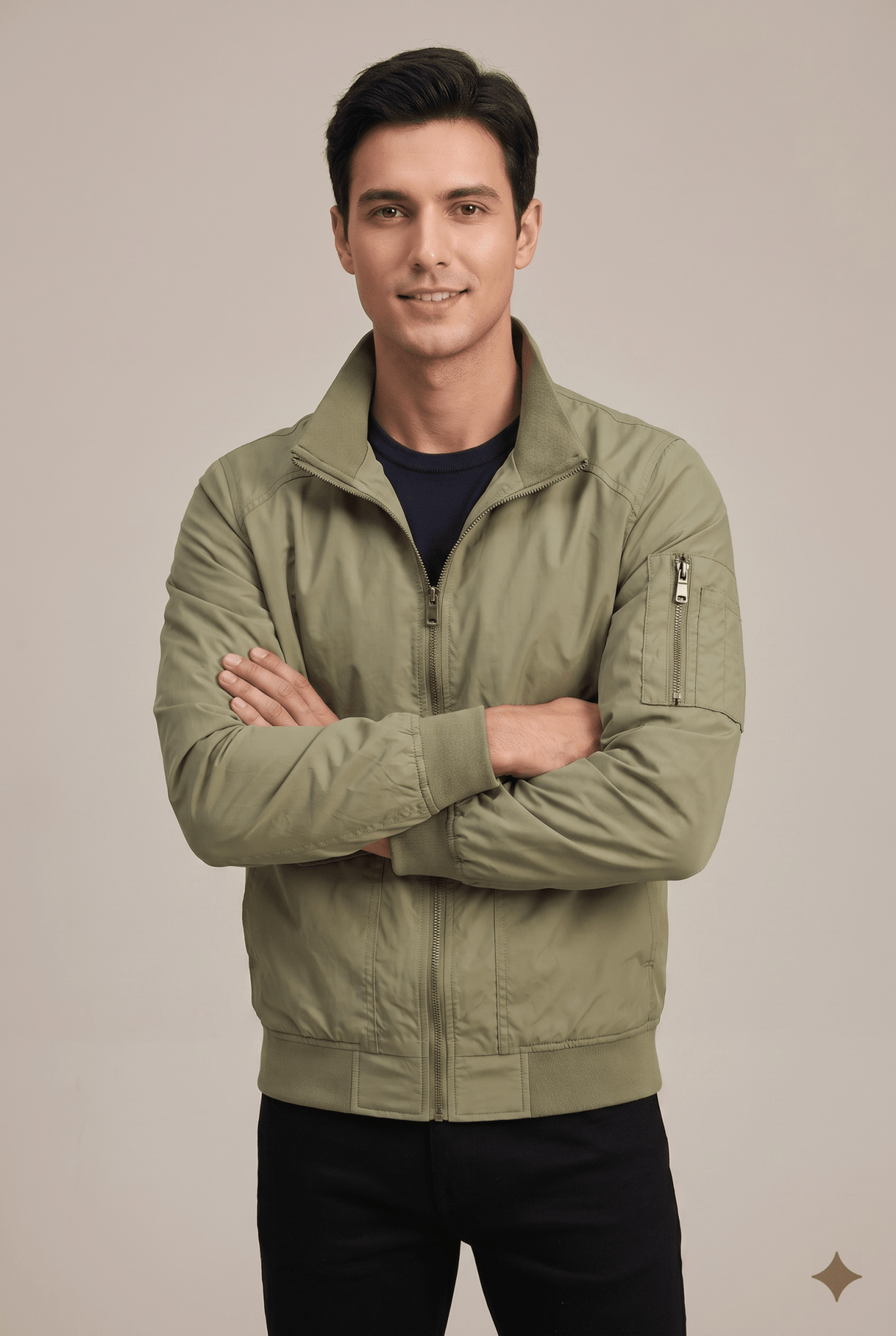 Men Jacket | Zip-Up Bomber with Stand Collar Flap Pockets - Evergreen Outfits- Jackets
