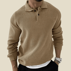 Men Polo Shirt | Long Sleeve Waffle Knit with Button Placket - Evergreen Outfits- Shirts