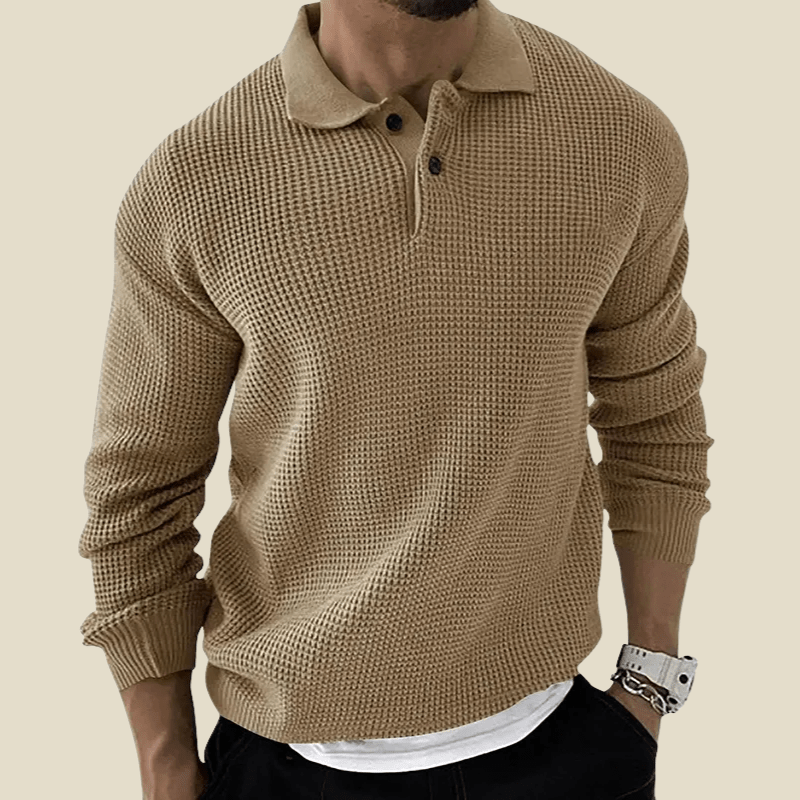 Men Polo Shirt | Long Sleeve Waffle Knit with Button Placket - Evergreen Outfits- Shirts