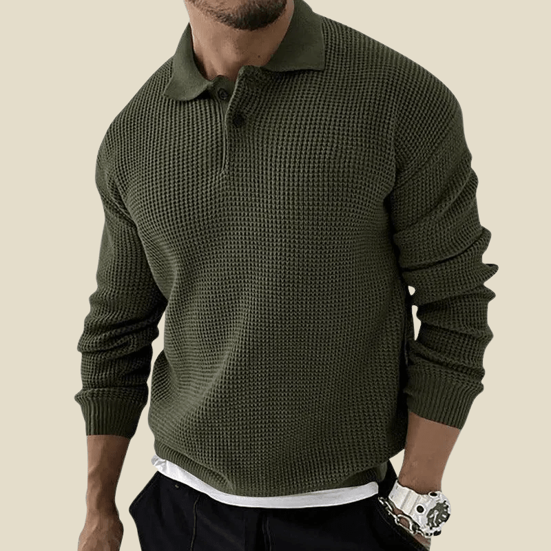 Men Polo Shirt | Long Sleeve Waffle Knit with Button Placket - Evergreen Outfits- Shirts