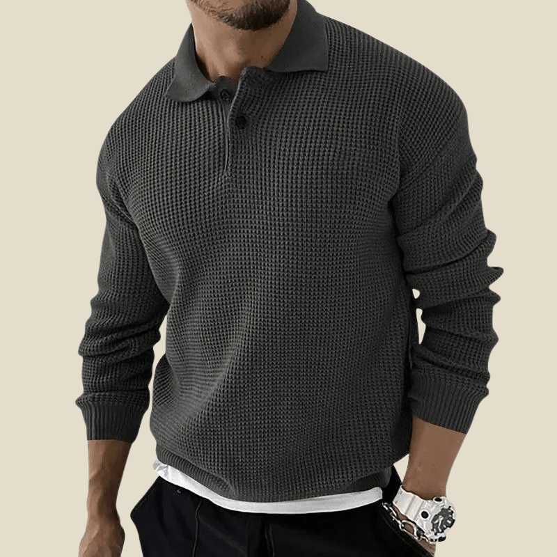 Men Polo Shirt | Long Sleeve Waffle Knit with Button Placket - Evergreen Outfits- Shirts