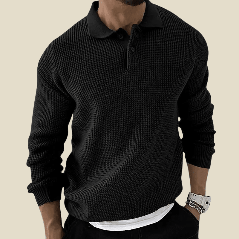 Men Polo Shirt | Long Sleeve Waffle Knit with Button Placket - Evergreen Outfits- Shirts