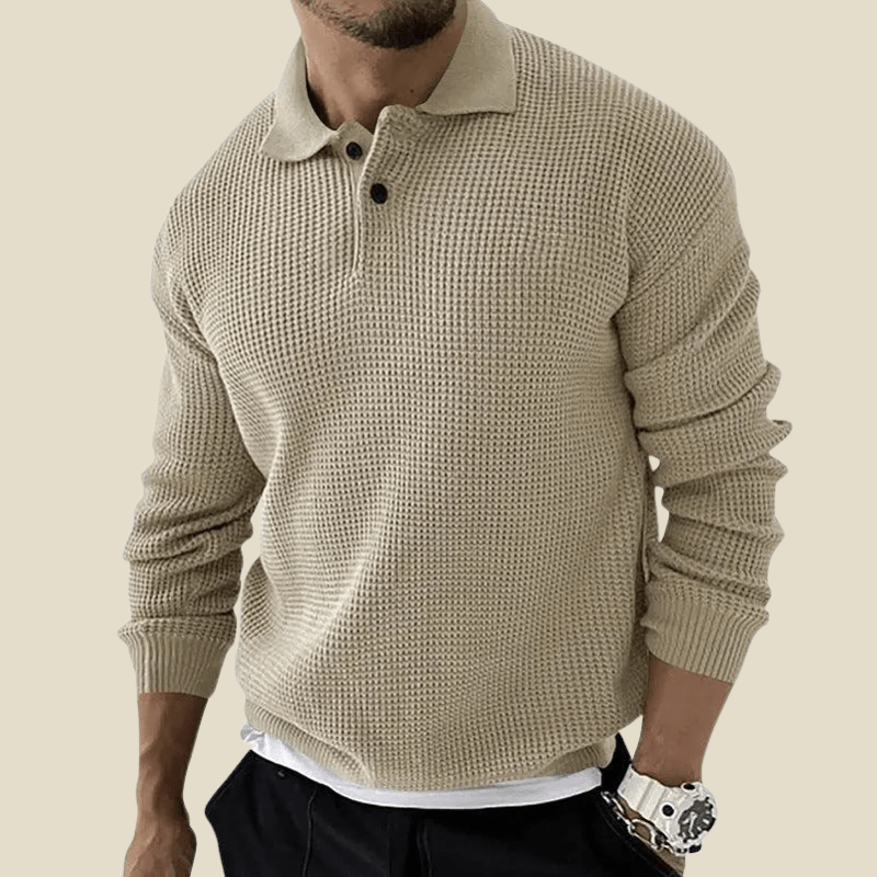 Men Polo Shirt | Long Sleeve Waffle Knit with Button Placket - Evergreen Outfits- Shirts