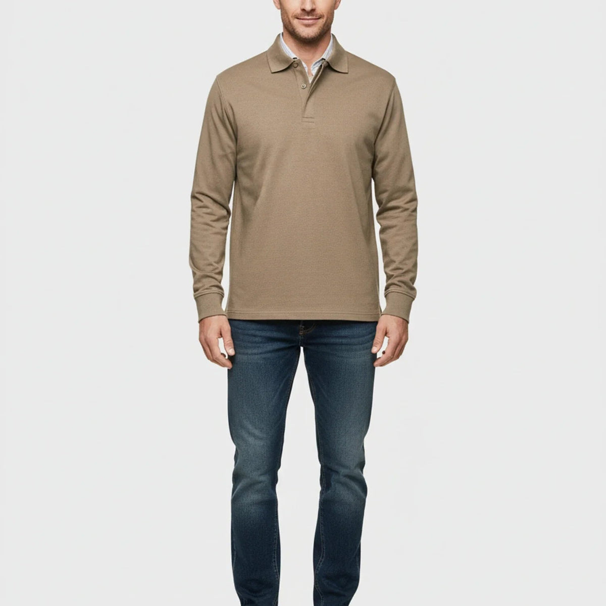 Men Polo Shirt | Long Sleeve with Partial Button Placket - Evergreen Outfits- Shirts