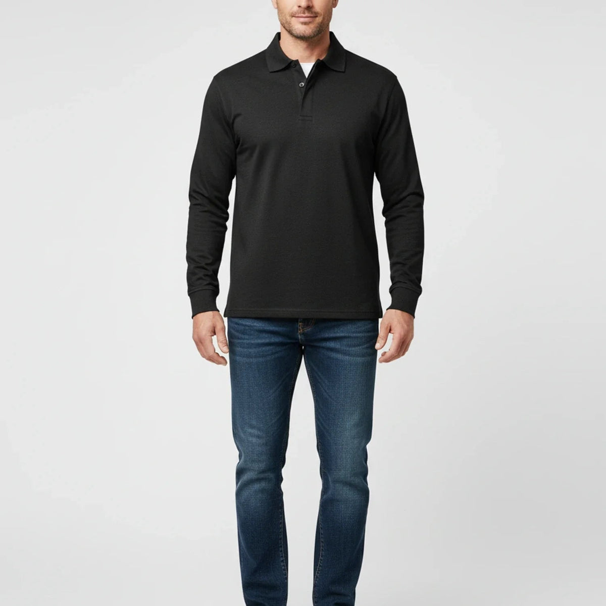 Men Polo Shirt | Long Sleeve with Partial Button Placket - Evergreen Outfits- Shirts