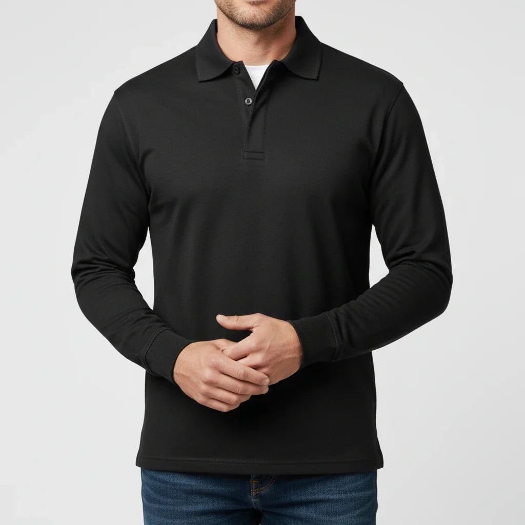 Men Polo Shirt | Long Sleeve with Partial Button Placket - Evergreen Outfits- Shirts