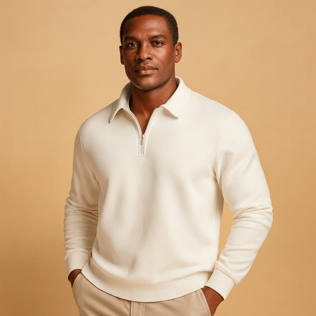 Men Polo Shirt | Quarter Zip Ribbed Collar Long Sleeve Fit - Evergreen Outfits- Shirts