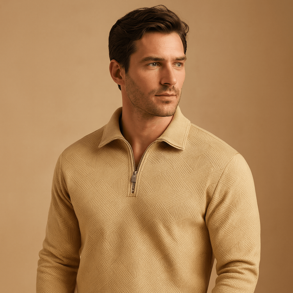 Men Polo Shirt | Quarter Zip Ribbed Collar Long Sleeve Fit - Evergreen Outfits- Shirts